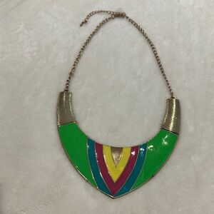 Gold-Tone V-Shaped Enamel Necklace in Green, Pink, Blue & Yellow
